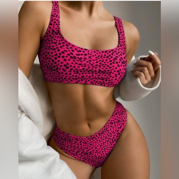 NWOT- Pink and Black Polka Dot Bikini Set - Picture 1 of 5